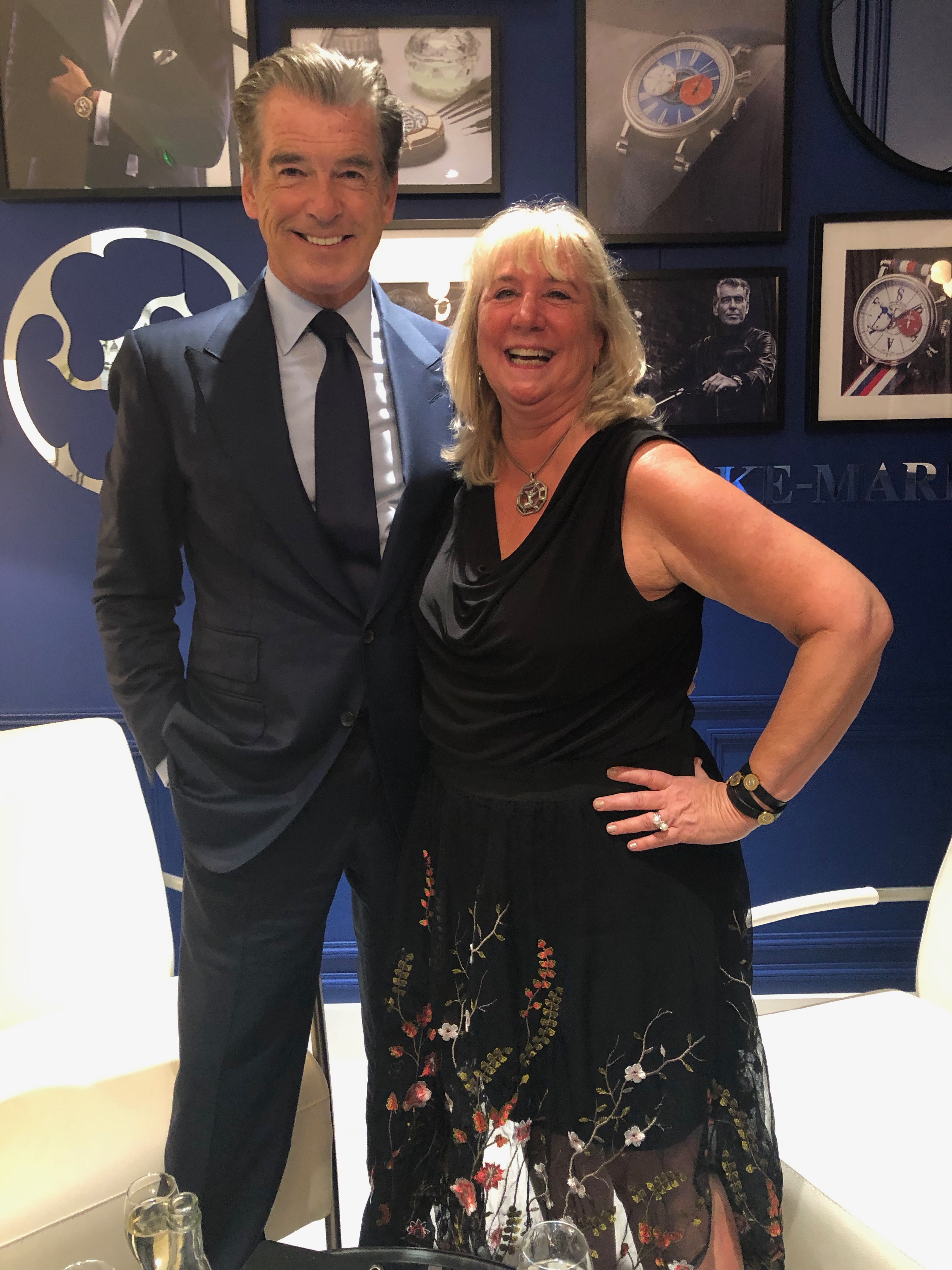 Pierce Brosnan with Roberta Naas at Speake-Marin booth at SIHH 2019