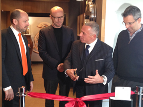 At the ribbon-cutting ceremony of the new New York Bovet Boutique. Michael Rosenberg; Paul Haggis,APJ, Pascal Raffy, Jeffrey Khalaf.