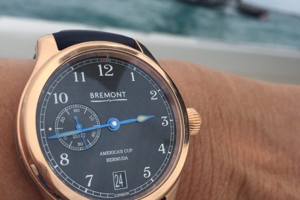 Bremont AC35 America's Cup Bermuda watch in 18-karat rose gold -- on the water during the final races for the 35th America's Cup.
