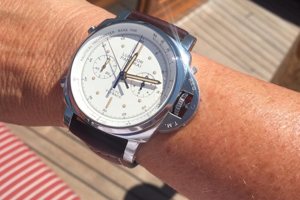 Panerai Luminor 1950 PCYC 3 Days Chrono Flyback Automatic watch with ivory dial is super stunning on the wrist and is rugged enough to take to the water.