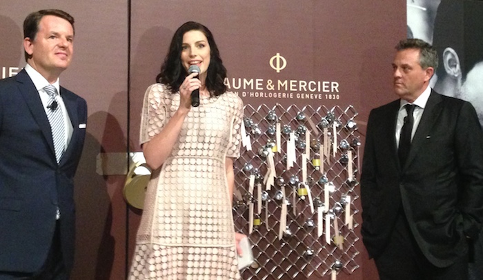 Mad Men actress Jessica Pare joined Alain Zimmermann (left) and Rudy Chavez  of Baume & Mercier at Gotham Hall for the unveiling of Promesse