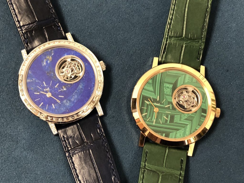 Piaget Altiplano Tourbillon watches made with marquetry gemstone dials (malachite, lapis lazuli). 