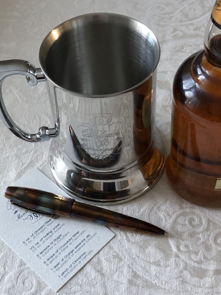 Montegrappa Fortuna Blue Blazer writing instrument is sold with a steel tankard used for making the fiery cocktail. 