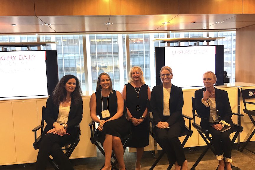 women panel Luxury Daily's Women in Luxury Conference. The panelists for the Watch discussion (Women in a male-dominated world) include (left to right) Sarah Zaouk, Baume & Mercier, Sara Orlando of WatchTime Magazine, Roberta Naas, moderator, founder of ATimelyPerspective.com, Rebecca Fisher of the Real Real, Sharon Buntain of Montblanc.