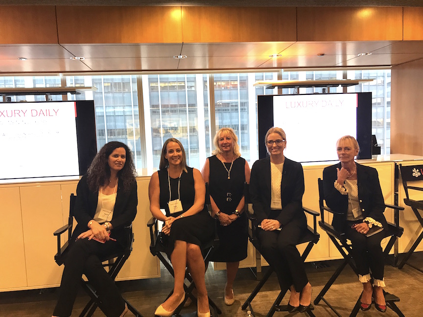 Luxury Daily's Women in Luxury Conference. The panelists for the Watch discussion (Women in a male-dominated world) include (left to right) Sarah Zaouk, Baume & Mercier, Sara Orlando of WatchTime Magazine, Roberta Naas, moderator, founder of ATimelyPerspective.com, Rebecca Fisher of the Real Real, Sharon Buntain of Montblanc. 