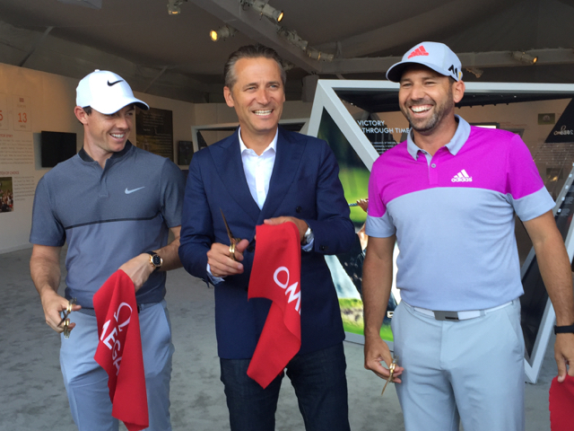 Rory McIlroy, Omega CEO Raynald Aeschlimann, Sergio Garcia at the ribbon cutting for the Planet Omega exhibition at Baltusrol. (Photo: R. Naas, ATimelyPerspective) 