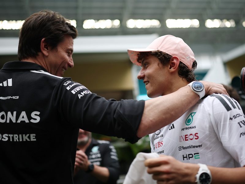 MIAMI, FLORIDA - MAY 03: Toto Wolff, Executive Director of Mercedes AMG Petronas F1 Team and Race winner Andrea Kimi Antonelli of Italy and Mercedes AMG Petronas F1 Team celebrate during the F1 Grand Prix of Miami at Miami International Autodrome on May 03, 2026 in Miami, Florida. (Photo by Chris Graythen/Getty Images)