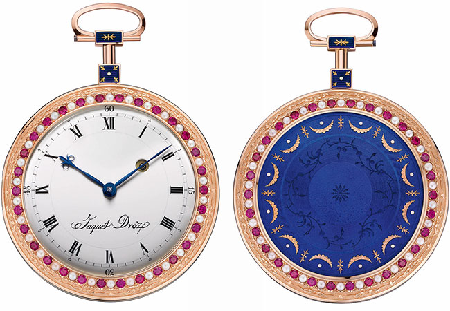 The Jaquet Droz pocket watch features a white enamel dial and blue enamel back. 