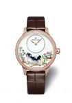 Jaquet Droz Petite Heure Minute Dog with diamonds and floral background