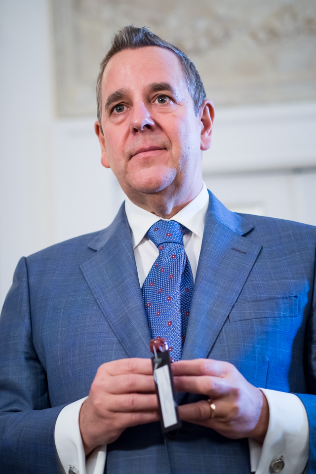 Jean-Marie Schaller, owner of Louis Moinet, at the bottle-opening ceremony for the rare Vatted Glenlivet 1862 whiskey with Wealth Solutions.