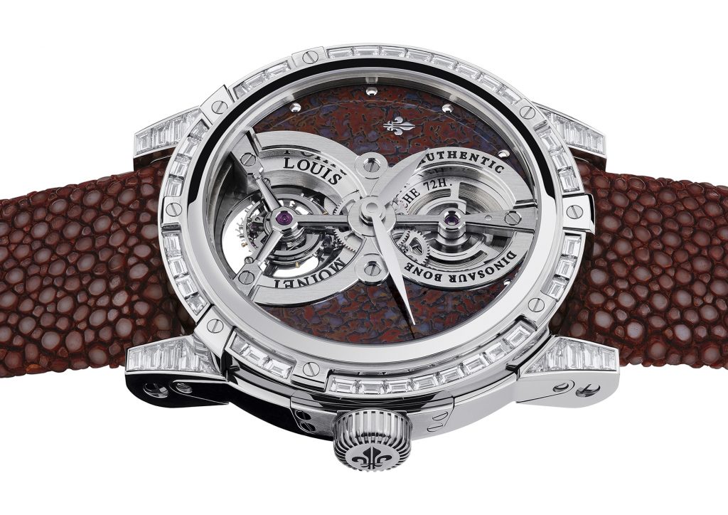 Louis Moinet Jurassic Tourbillon features a dial made using dino bones. 