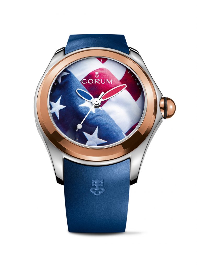 Corum Bubble Big Bubble American Flag watch in titanium with rose gold bezel.