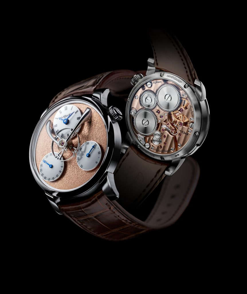 The manual wind movement for the MB&F Legacy Machine Split-Escapement was developed for MB&F by Stephen McDonnell, who also developed the Legacy Machine Perpetual two years ago. 