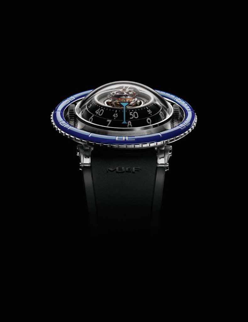 MB&F HM7 Aquapod in titanium with blue ceramic bezel. 