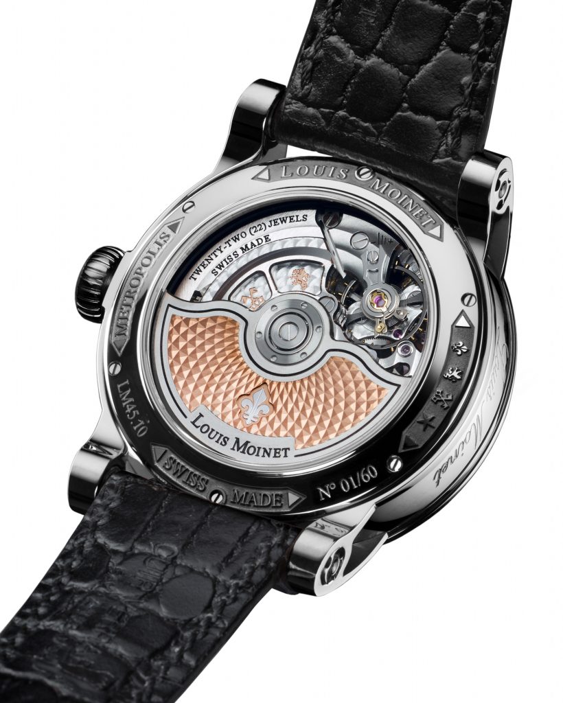 The fine finishings of the Louis Moinet Metropolis movement are visible from the transparent sapphire caseback 