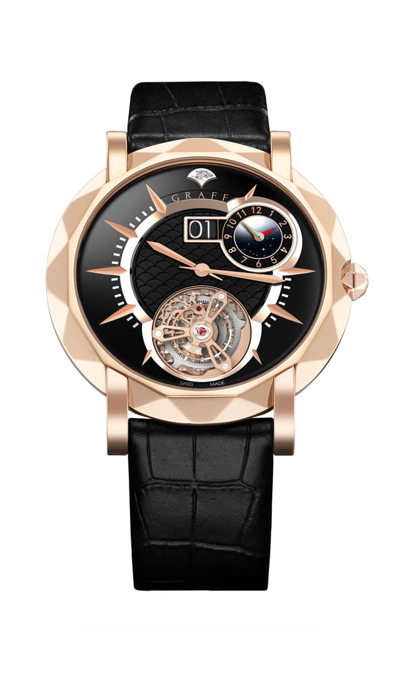 THe MasterGraff offers flying tourbillon, instanteous date change on the Grand Date and Dual Time Zone indicator.