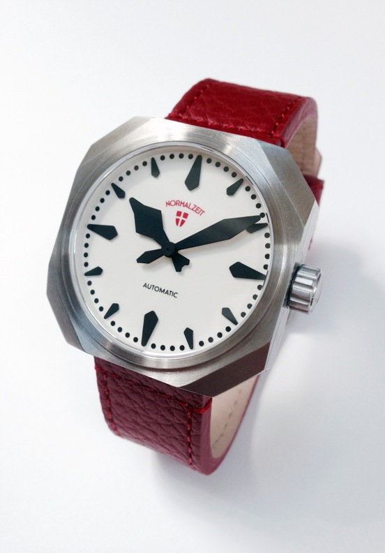 Normalzeit Vienna Cube Clock wristwatch in steel on red leather strap