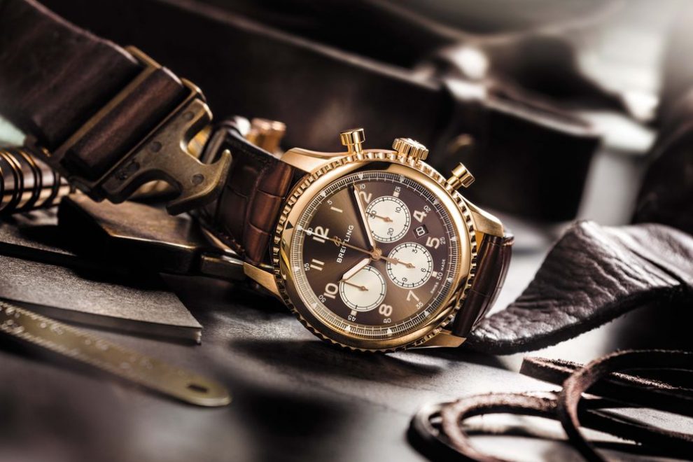 Breitling Navitimer 8 B01 in 18-karat 5N rose gold with bronze dial and alligator strap.