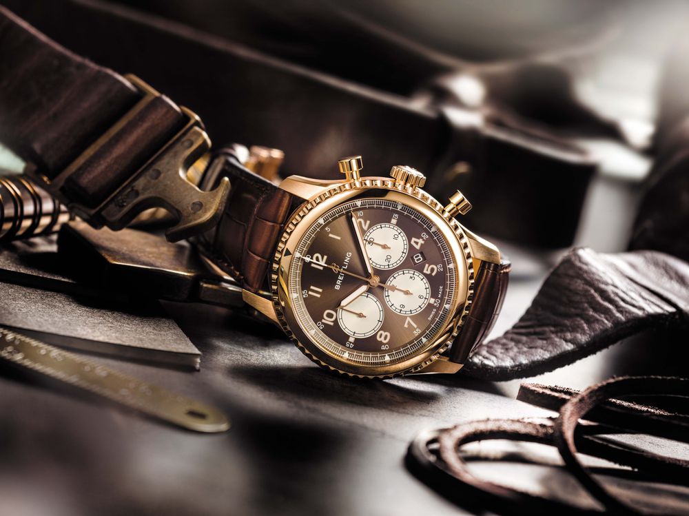 Breitling Navitimer 8 B01 in 18-karat 5N rose gold with bronze dial and alligator strap. 