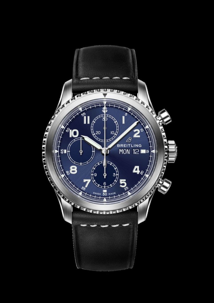 Breitling Navitimer 8 Chronograph with blue dial and stainless steel bracelet.