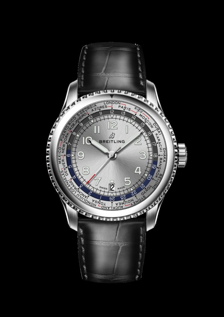 Breitling Navitimer 8 Unitime with silver dial and black alligator leather strap.