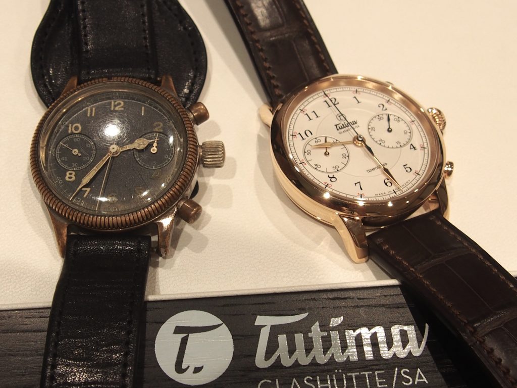 The new Tutima Tempostopp watch (right) was inspired by an original Fliegerchronograph watch by the brand made in 1939 (left). 