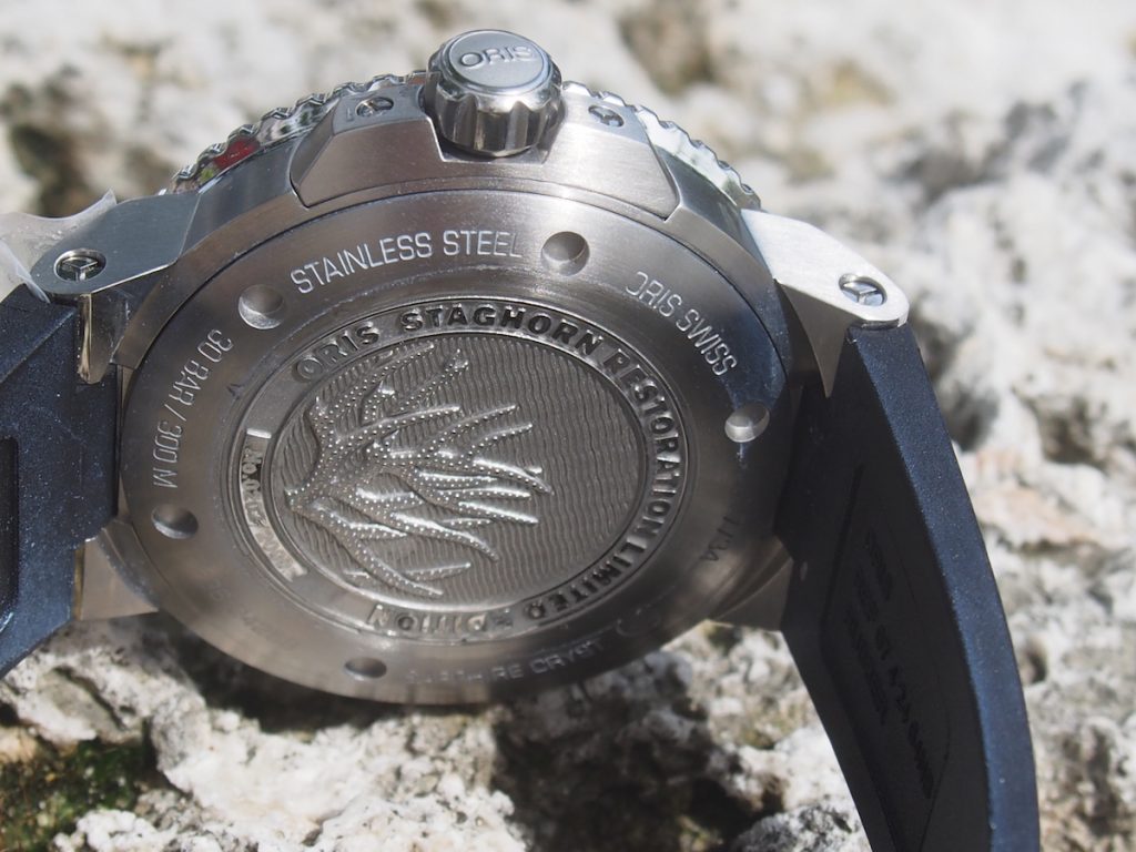 The caseback is engraved with an image of the Staghorn coral. 