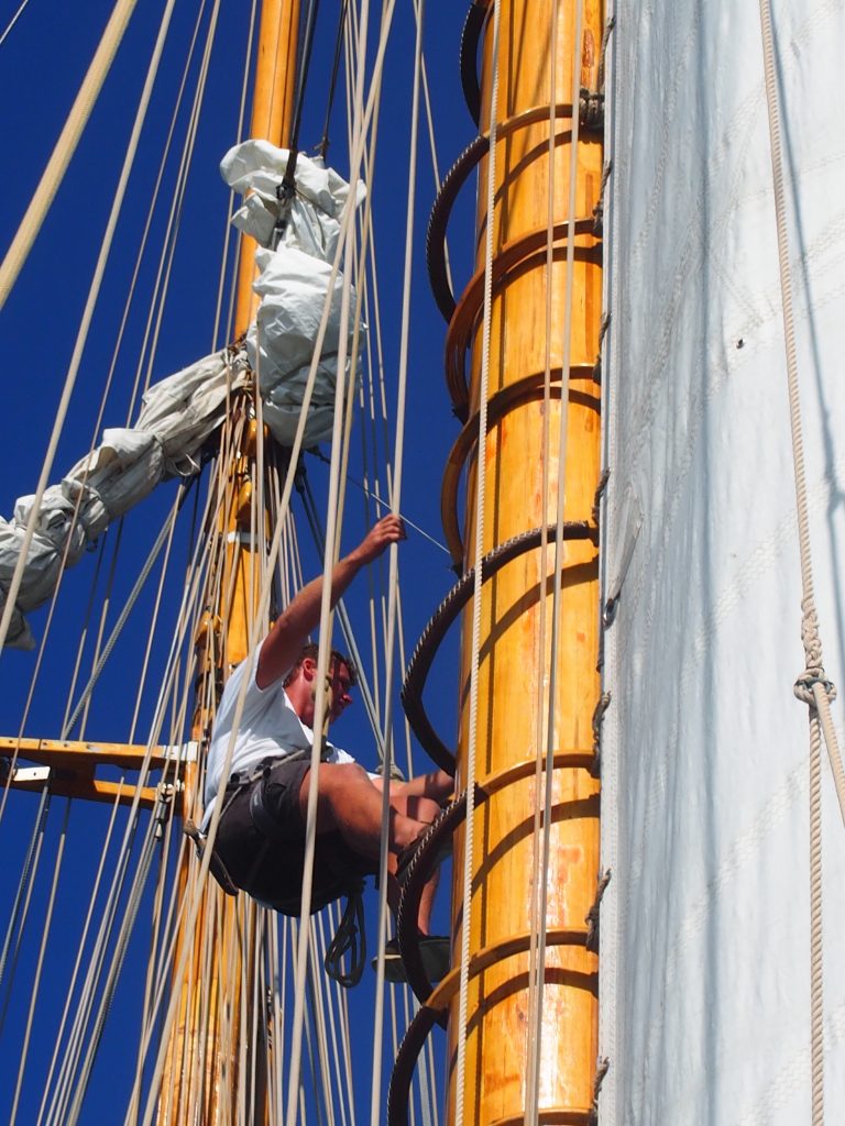 An immense amount of work goes into readying the 160-foot schooner, Eleonora, for racing. This was the morning of the Opera House Cup Regatta during the 2017 Panerai Classic Yachts Challenge in Nantucket. (Photo: R.Naas) 