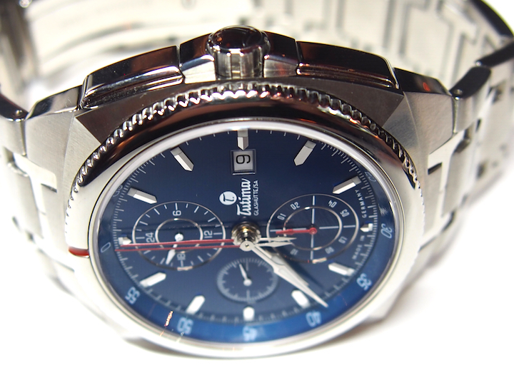 The Tutima Saxon One features a pyramid-decorated rotating bezel and the chronograph version features integrated pushers.