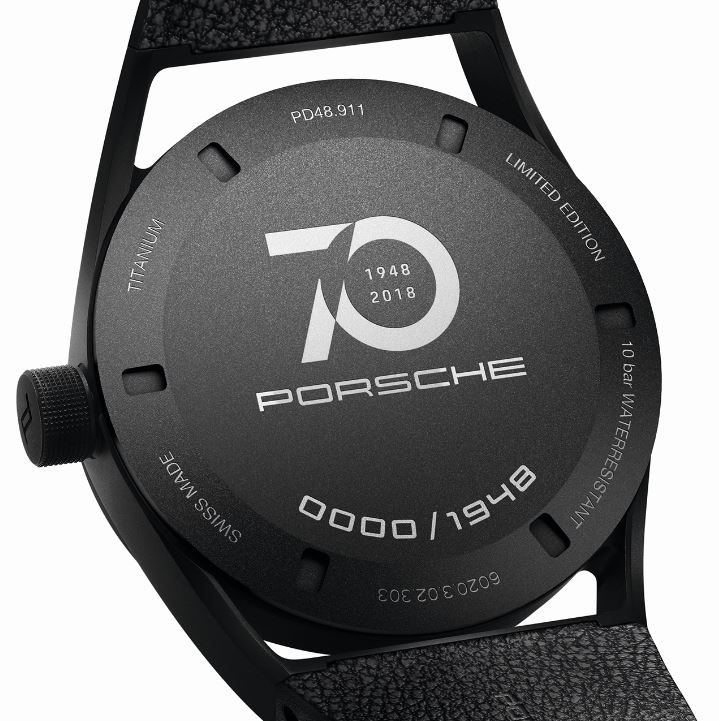 The case back of the Porsche Design 1919 Datetimer watch marks the 70th anniversary of Porsche