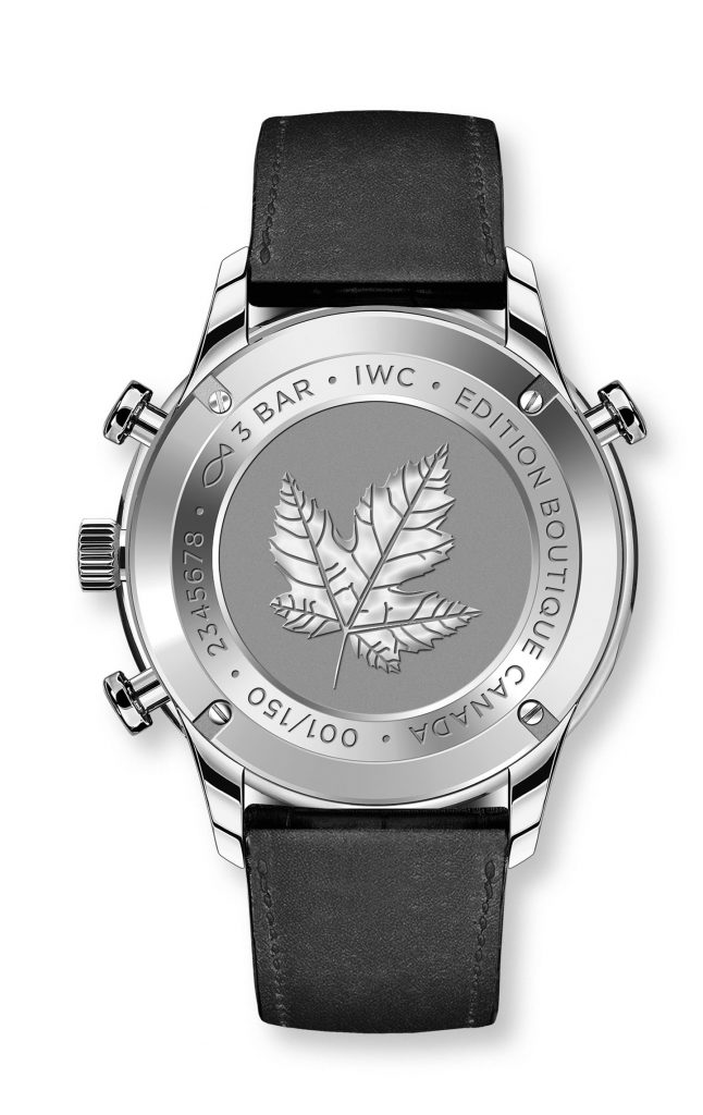 The caseback of the IWC Portugieser Rattrapante Boutique Canada watch is engraved with the maple leaf.
