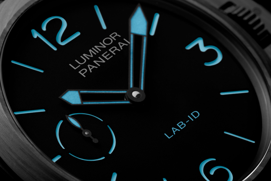 When illuminated, the Panerai Lab ID Luminor 1950 Carbotech 3 Days PAM 700 watch has a cool blue effect against the dark black carbon nano-tube coated dial.