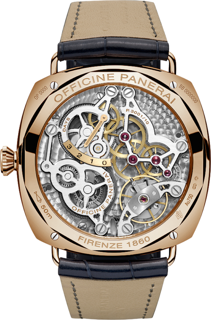 The back of the Panerai Raadiomir GMT Oro Rosso (PAM 598) allows viewing of the skeletonization.