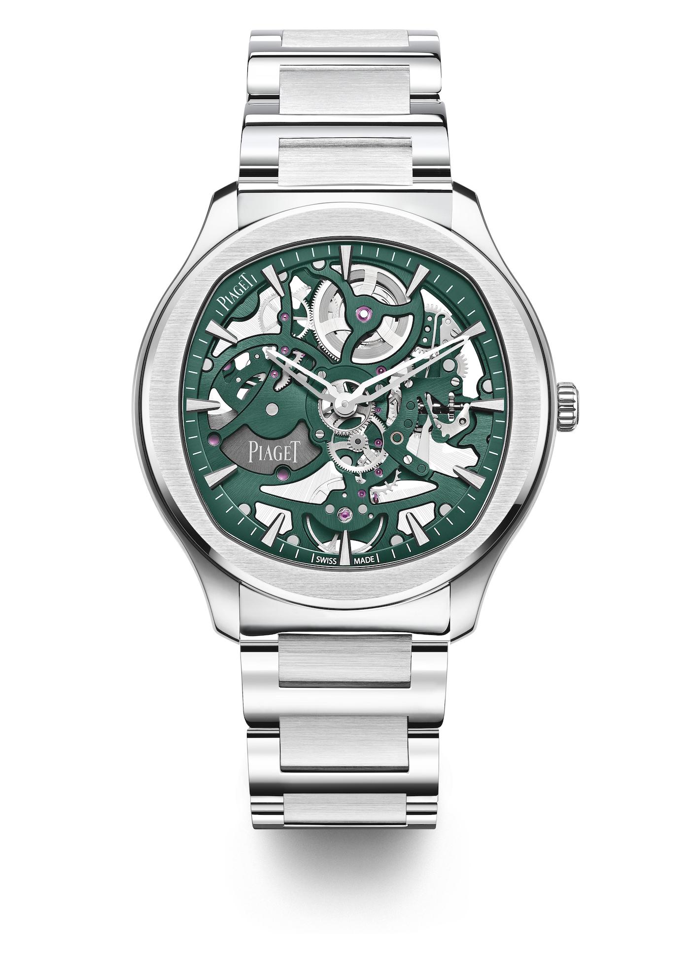 Piaget Polo Skeleton watch in stainless steel with green movement parts and chapter ring