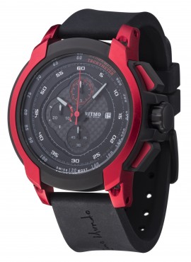 Ritmo Mundo's Quantum I in black PVD case, carbon fiber dial and colorful anodized aluminum case accents. 