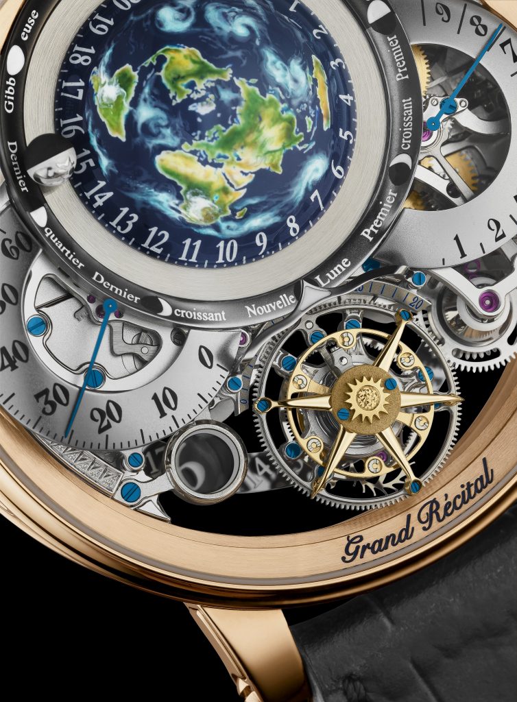 The Bovet Recital 22 Grand Recital 9-day Flying Tourbillon Tellurium-Orrery and Retrograde Perpetual Calendar features a hand-engraved and hand-painted Earth globe. 