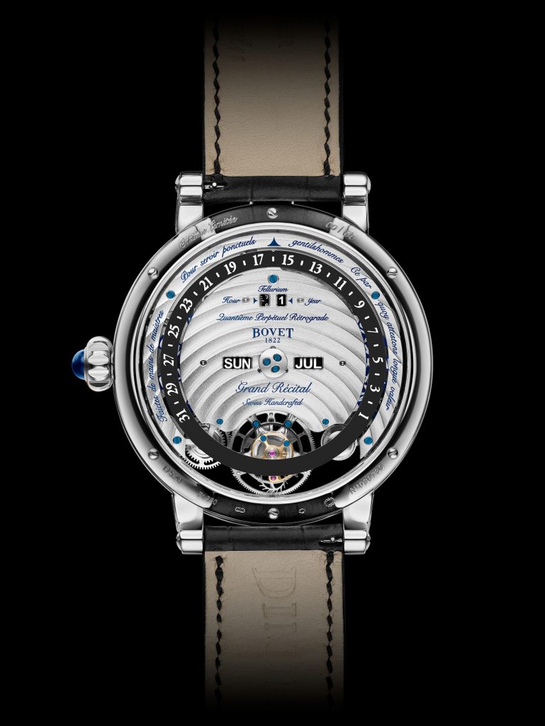 The Bovet Recital 22 Grand Recital watch offers a perpetual calendar functions on the reverse side. 