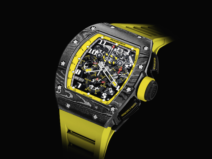 RM 011 Flyback Chronograph Storm watch in NTPT and bold yellow 