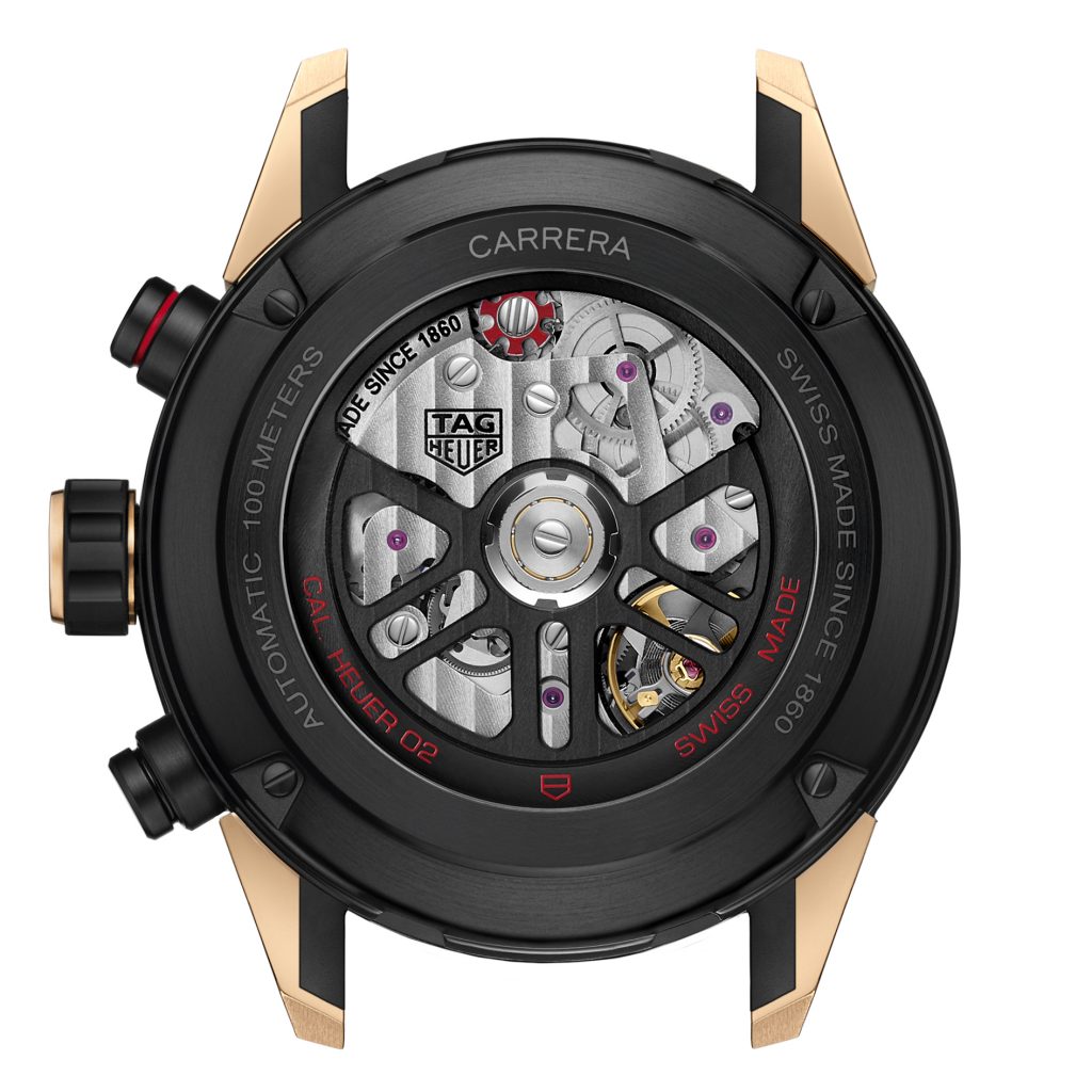 The case back of the TAG Heuer Carrera Heuer 02 watch.