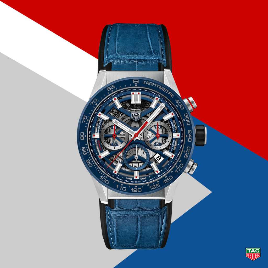 The blue version of the new TAG Heuer Carrera Heuer 02 with Heuer 02 Manufacture Movement