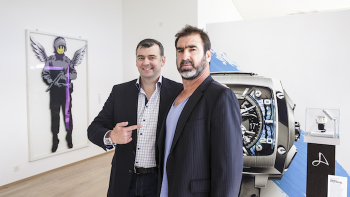 Guillame Tetu and Eric Cantona at the "Cross the Line" exhibition in Switzerland.