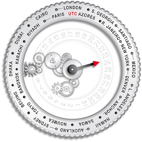 The rotating bezel (city ring) currently shows London standard time, 5 a.m. (24-hour display); it is the 25th of the month (date display). To set the watch to a new time zone, press the rotating bezel with your thumb and index finger, turn the desired time zone to “12 o’clock” (during summertime to the small “s” before the name of the city) and release.