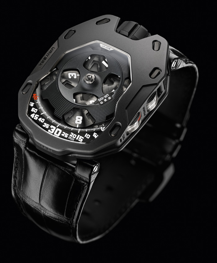 The new Urwerk UR-105 M Dark Knight is crafted in titanium case and AITiN-treated steel bezel.