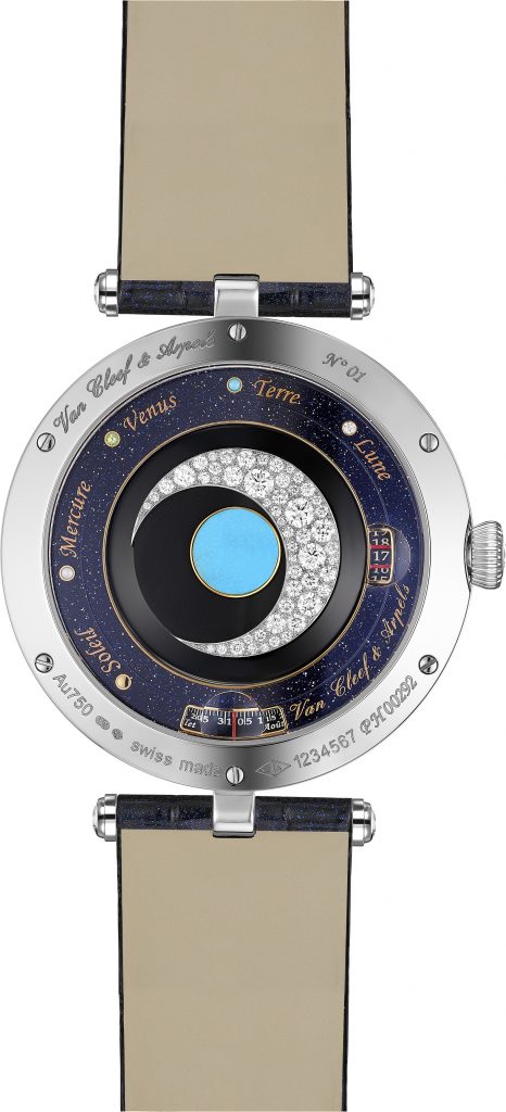 The Van Cleef & Arpels Lady Arpels Planetarium watch has a rotor with diamond crescent moon and turquoise Earth. 