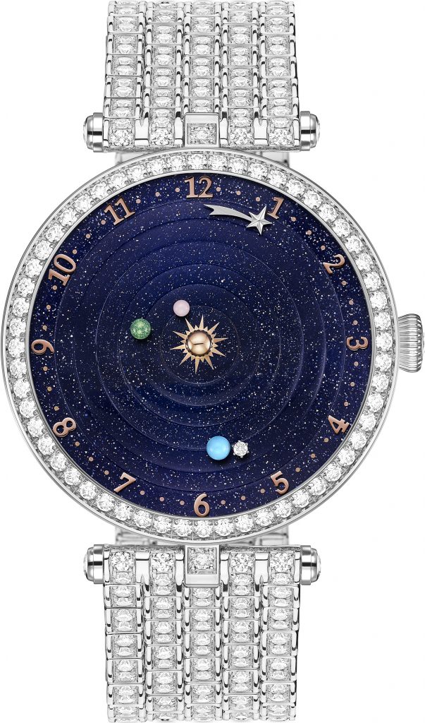 The thee planets on the Van Cleef & Arpels Lady Arpels Planetarium watch rotate in real planet time.