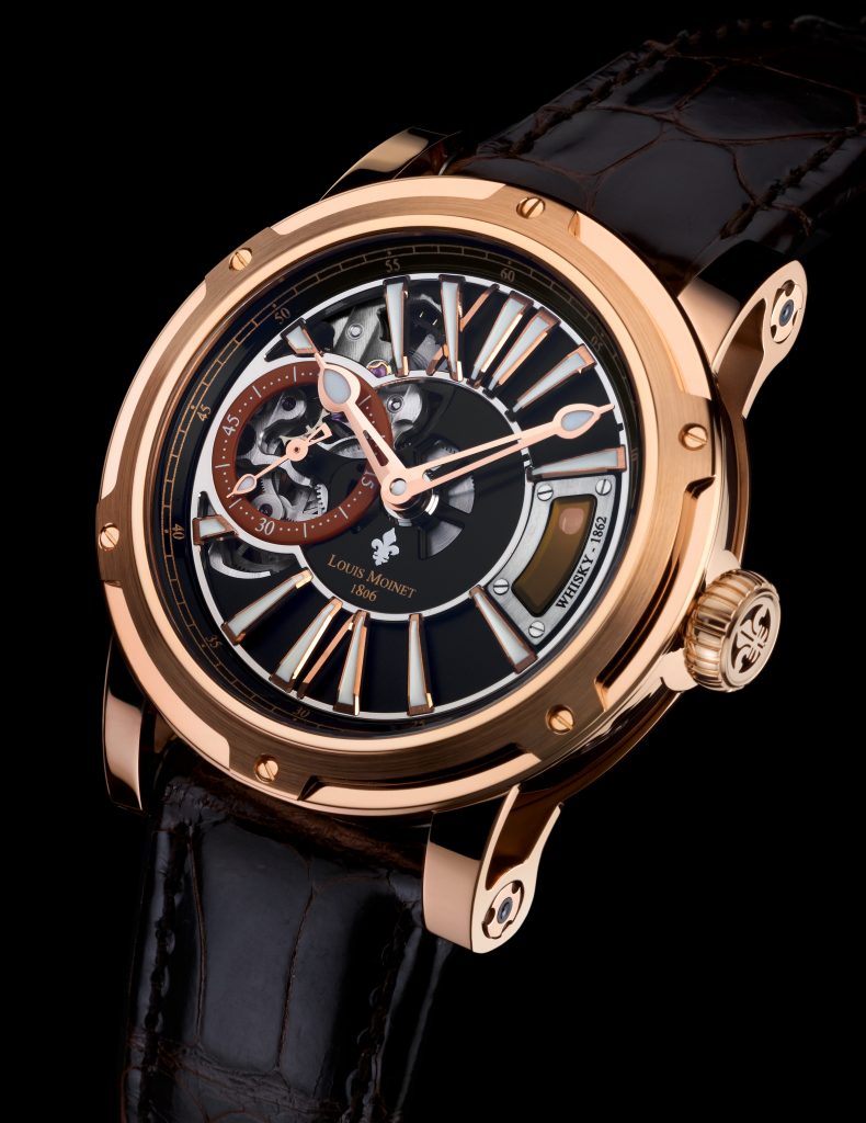 The Louis Moinet Whiskey Watch features a tiny capsule of rare Vatted Glenlivet 1862 whiskey, visible at 3:00 on the dial.