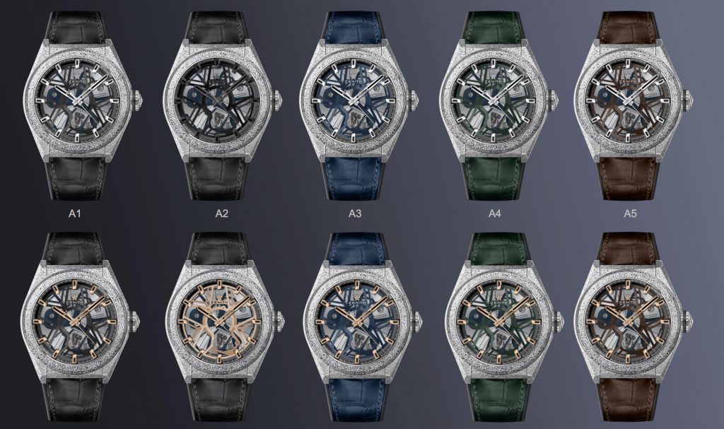 The different versions of the Zenith Defy Lab watches feature different colored combinations. 