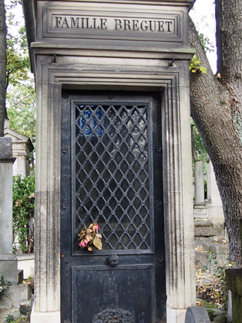 Inventor of the tourbillon escapement, watchmaker Abraham-Louis Breguet is buried with family members in Pere Lachaise. 