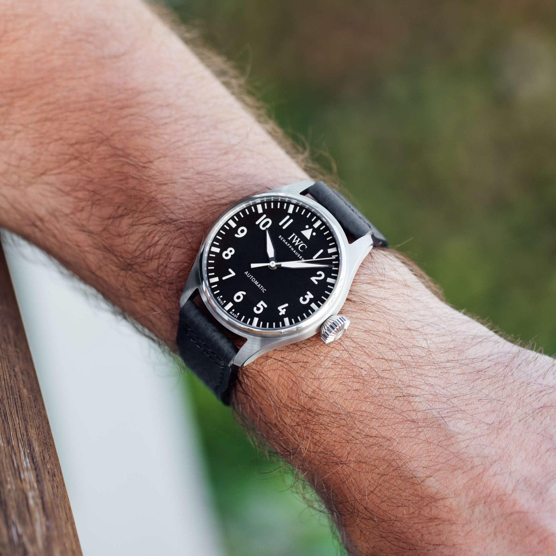 IWC Big Pilot's 43mm watch with MiraTex black plant-based strap. 
