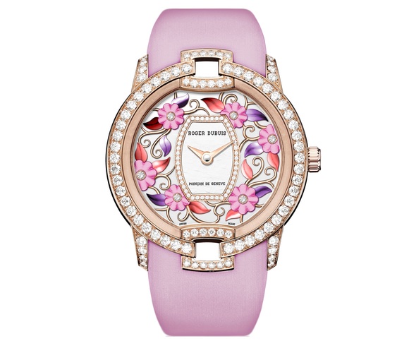 Offered in a pink version and a blue version, the new Roger Dubuis Velvet Blossom watch features hand enameled florals on a mother-of-pearl dial